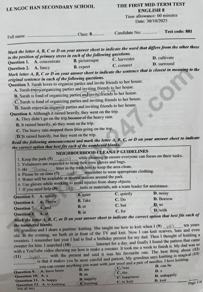 De thi giua ki 1 nam 2025 THCS Le Ngoc Han - lop 8 mon Anh