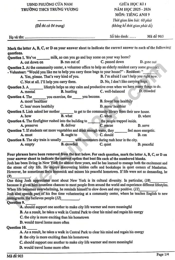 De thi giua ki 1 lop 9 mon Anh 2025 - THCS Trung Vuong