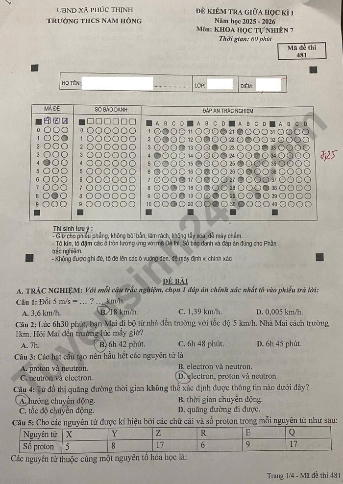 De thi giua hoc ki 1 mon Khoa hoc tu nhien 7 THCS Nam Hong 2025