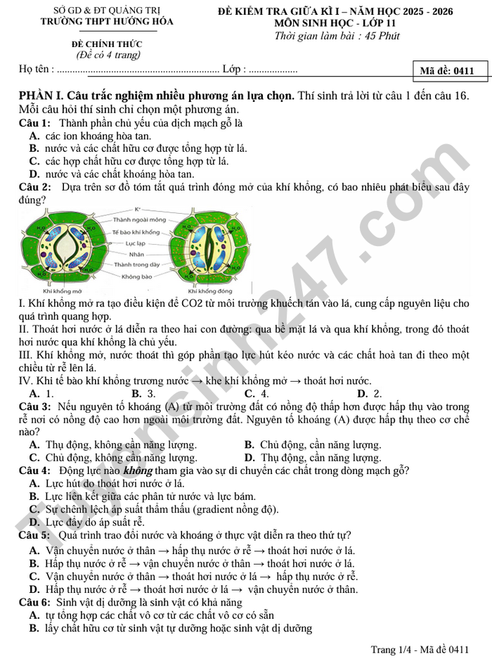 De thi giua ki 1 mon Sinh lop 11 THPT Huong Hoa 2025