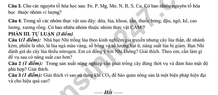 De thi giua ki 1 mon Sinh lop 11 THPT Huong Hoa 2025