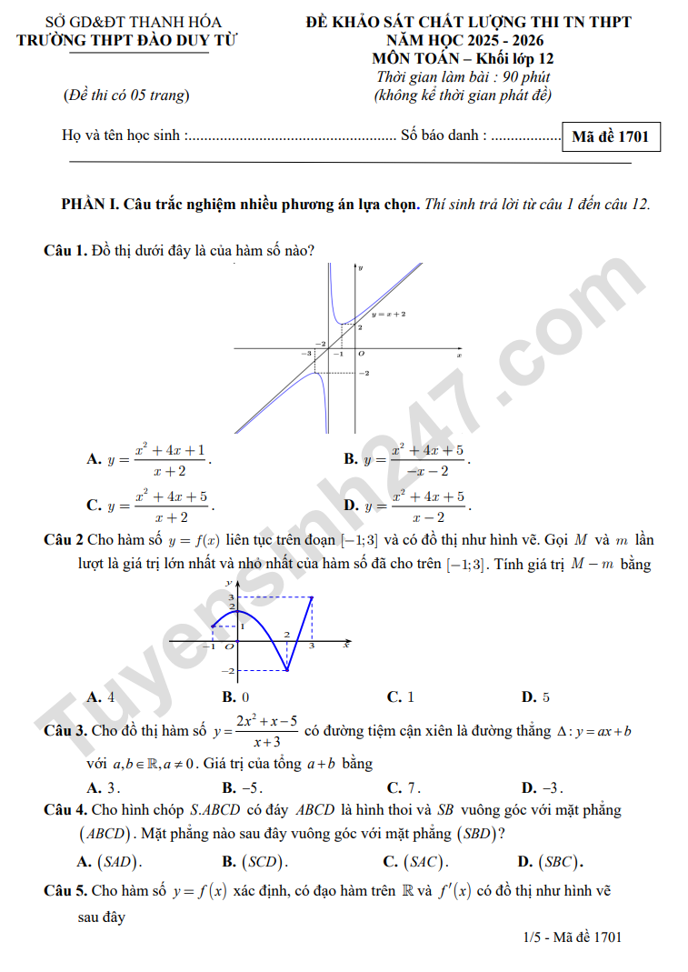 De thi thu tot nghiep THPT 2026 mon Toan 2026 - THPT Dao Duy Tu