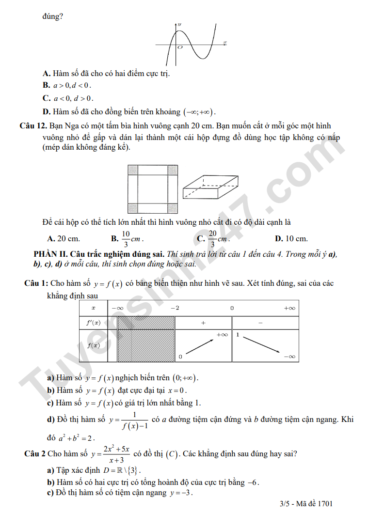 De thi thu tot nghiep THPT 2026 mon Toan 2026 - THPT Dao Duy Tu