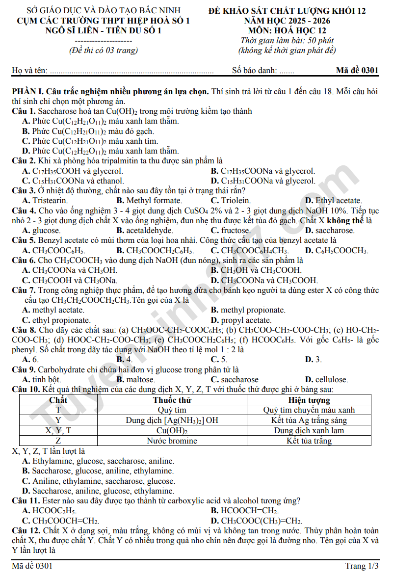 De tthi thu tot nghiep THPT 2026 mon Hoa - Cum truong Bac Ninh