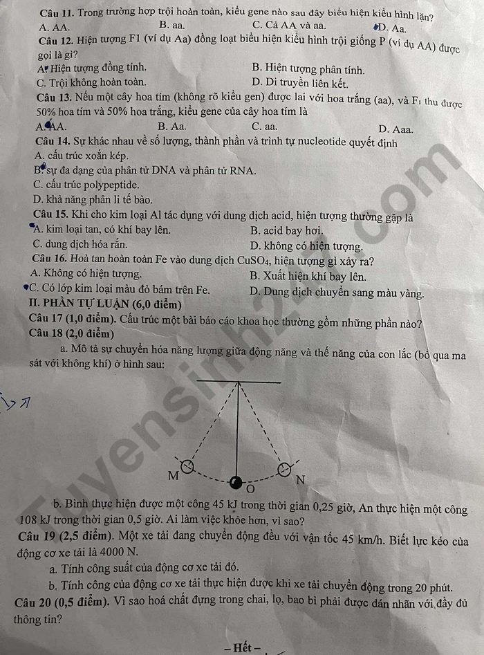 De thi giua ki 1 lop 9 mon KHTN 2025 - THCS Huynh Thuc Khang