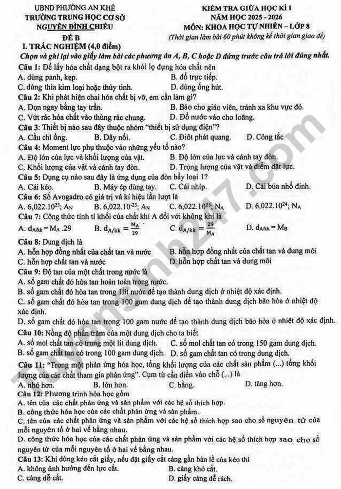De thi giua ki 1 Khoa hoc tu nhien lop 8 THCS Nguyen Dinh Chieu 2025