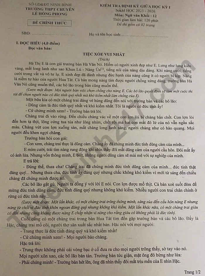De thi giua ki 1 Van lop 12 THPT Chuyen Le Hong Phong 2025