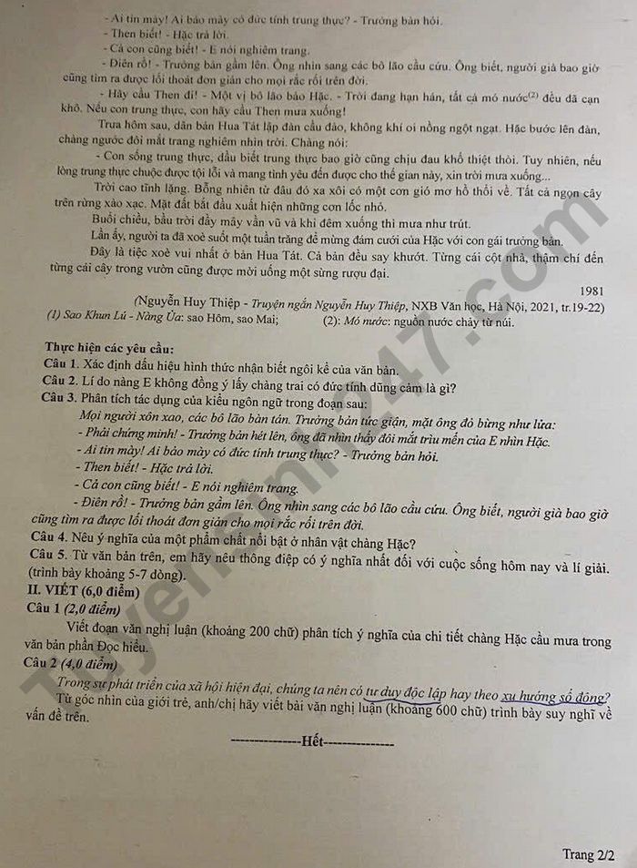 De thi giua ki 1 Van lop 12 THPT Chuyen Le Hong Phong 2025