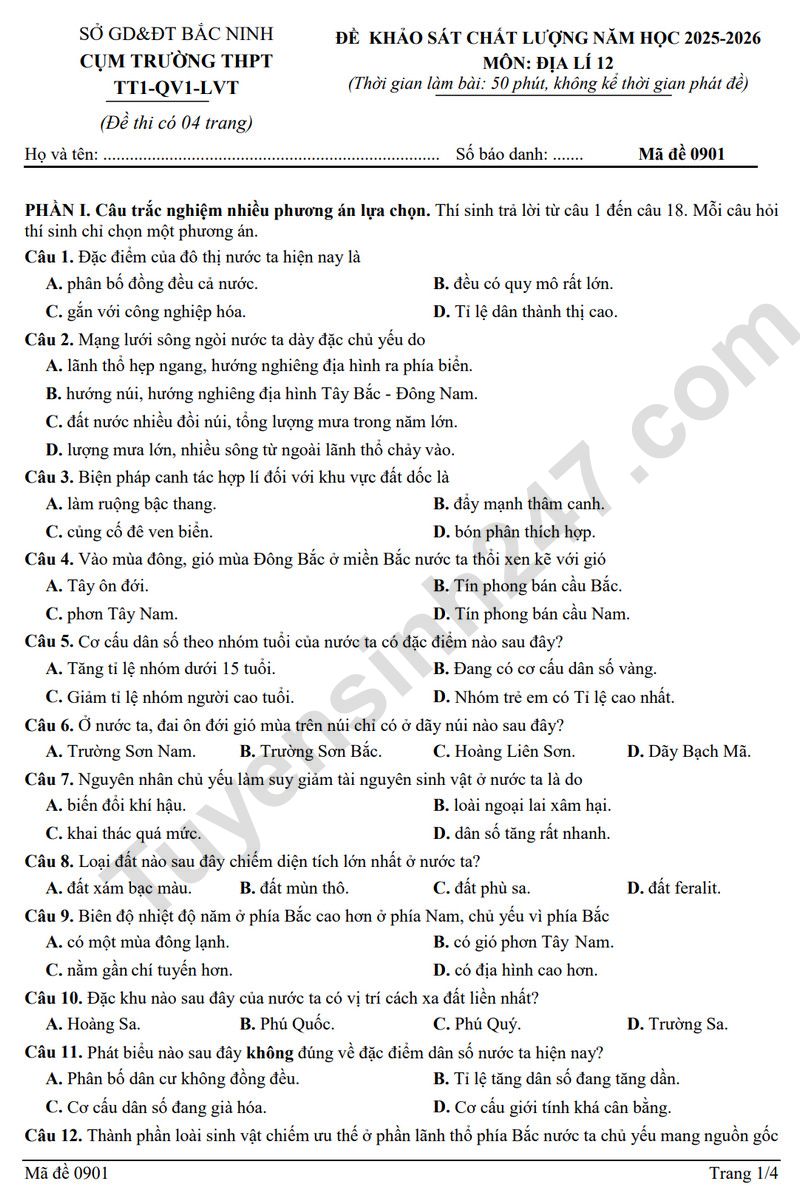 De thi thu tot nghiep THPT 2026 mon Dia - Cum truong Bac Ninh (Co dap an)