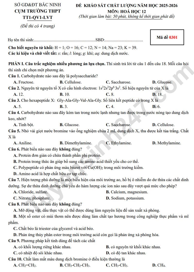 De thi thu tot nghiep THPT 2026 mon Hoa - Cum truong Bac Ninh (Co dap an)