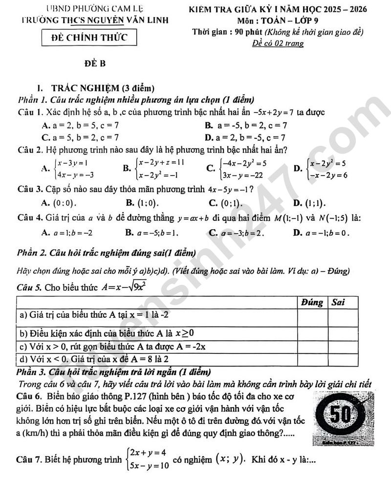 De thi giua ki 1 nam 2025 THCS Nguyen Van Linh - lop 9 mon Toan