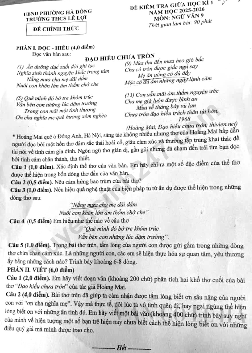 De thi giua ki 1 lop 9 mon Van 2025 - THCS Le Loi