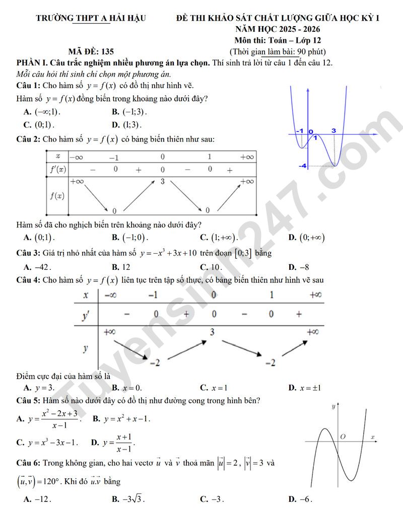 De thi giua ki 1 lop 12 mon Toan 2025 - THPT A Hai Hau