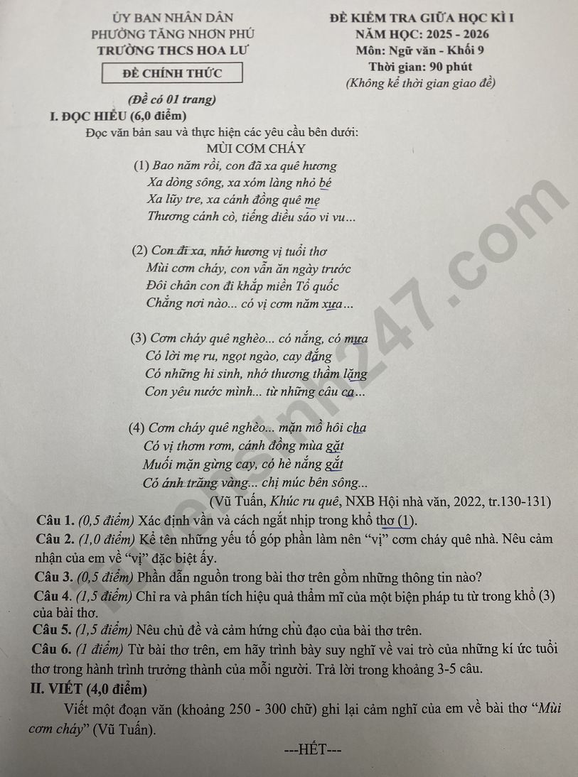 De thi giua ki 1 lop 9 mon Van 2025 - THCS Hoa Lu