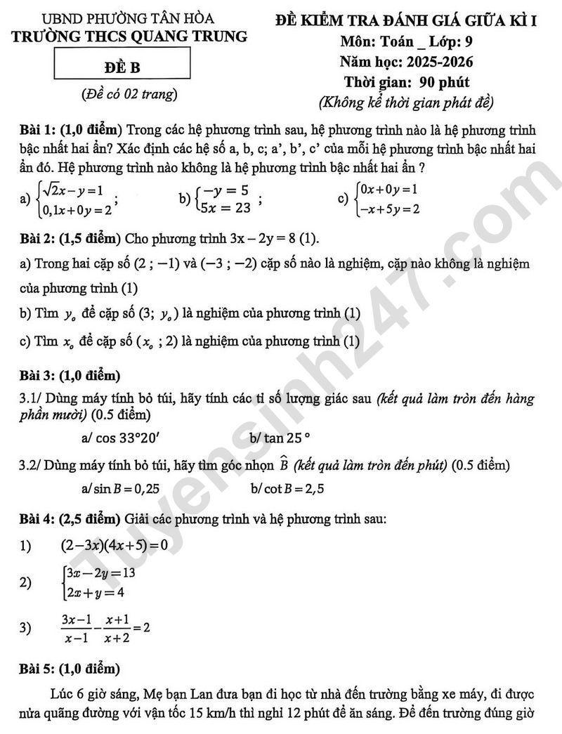 De thi giua ki 1 lop 9 mon Toan 2025 - THCS Quang Trung