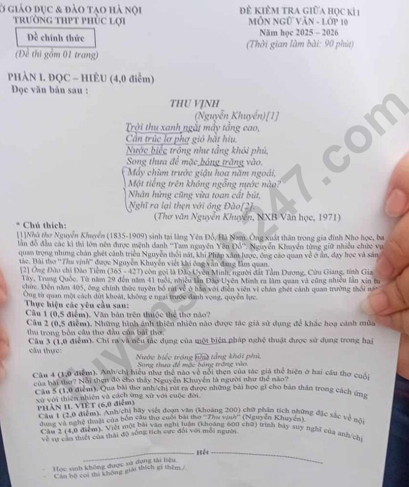 De thi giua ki 1 lop 10 mon Van 2025 - THPT Phuc Loi