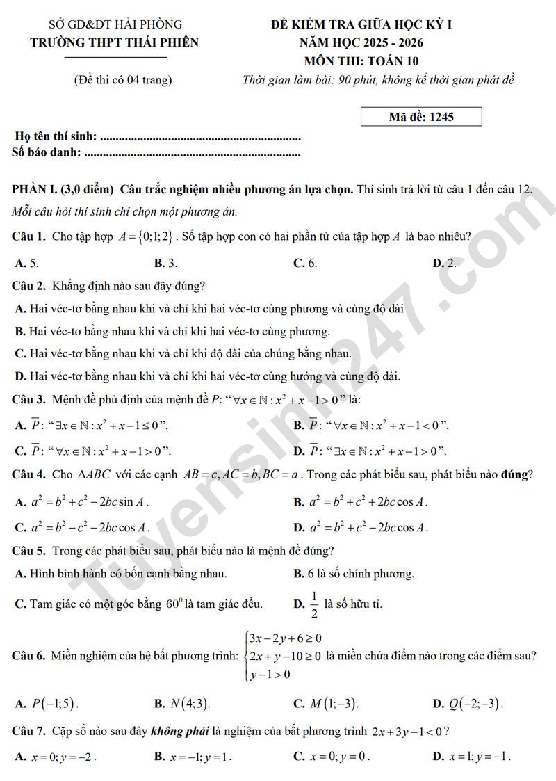 De thi giua ki 1 lop 10 mon Toan 2025 - THPT Thai Phien