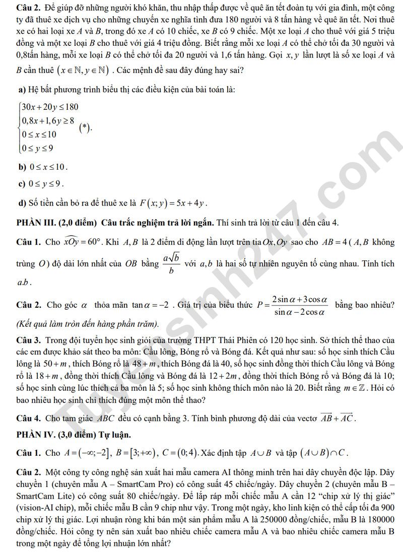 De thi giua ki 1 lop 10 mon Toan 2025 - THPT Thai Phien