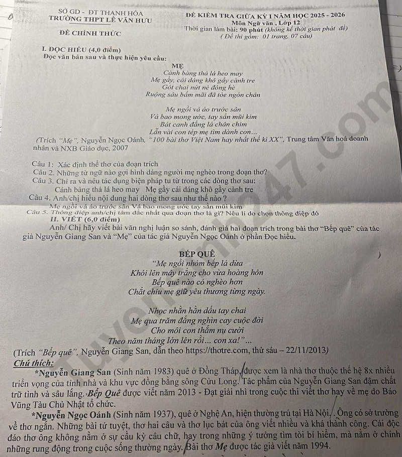 De thi giua ki 1 lop 12 mon Van 2025 - THPT Le Van Huu