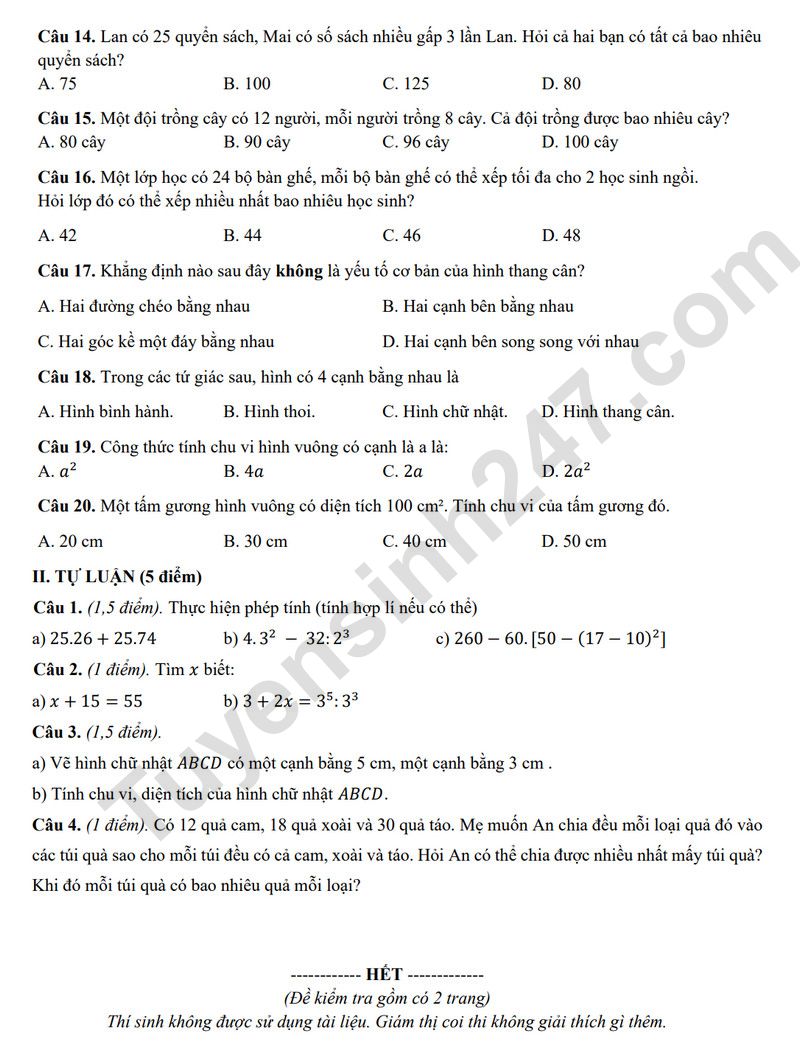 De thi giua ki 1 lop 6 mon Toan 2025 - THCS Noi Due (Co dap an)