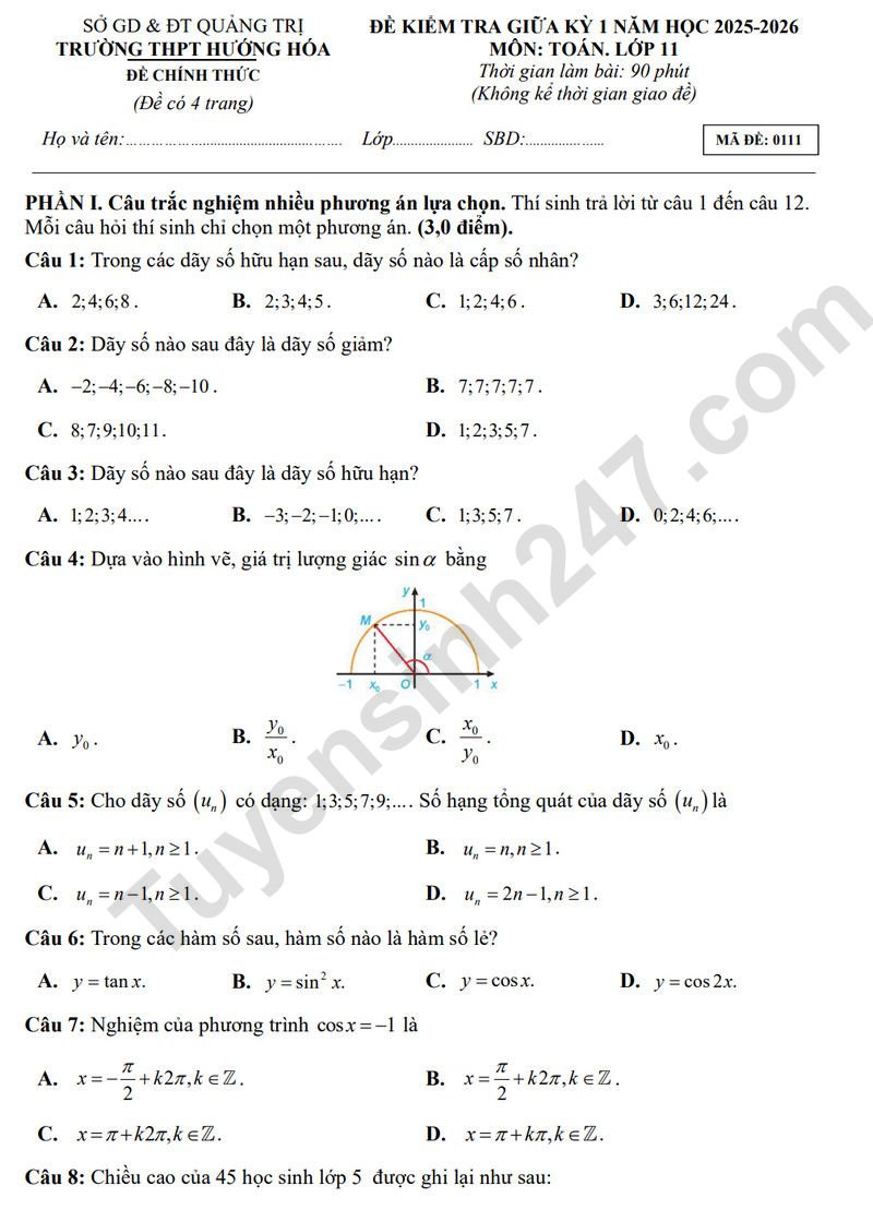 De giua ki 1 lop 11 mon Toan 2025 - THPT Huong Hoa