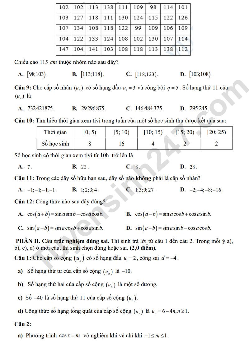 De giua ki 1 lop 11 mon Toan 2025 - THPT Huong Hoa
