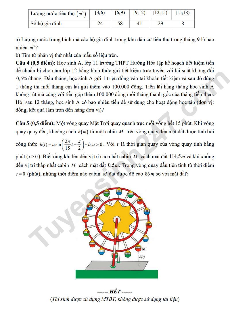 De giua ki 1 lop 11 mon Toan 2025 - THPT Huong Hoa