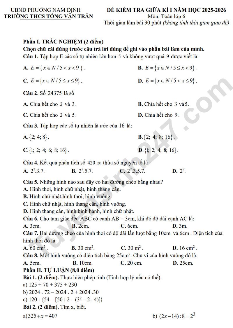 De giua ki 1 lop 6 mon Toan 2025 - THPT Tong Van Tran (Co dap an)