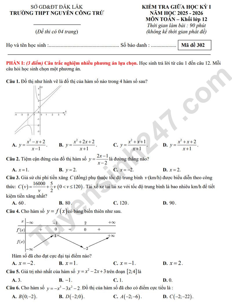 De giua ki 1 lop 12 mon Toan 2025 - THPT Nguyen Cong Tru