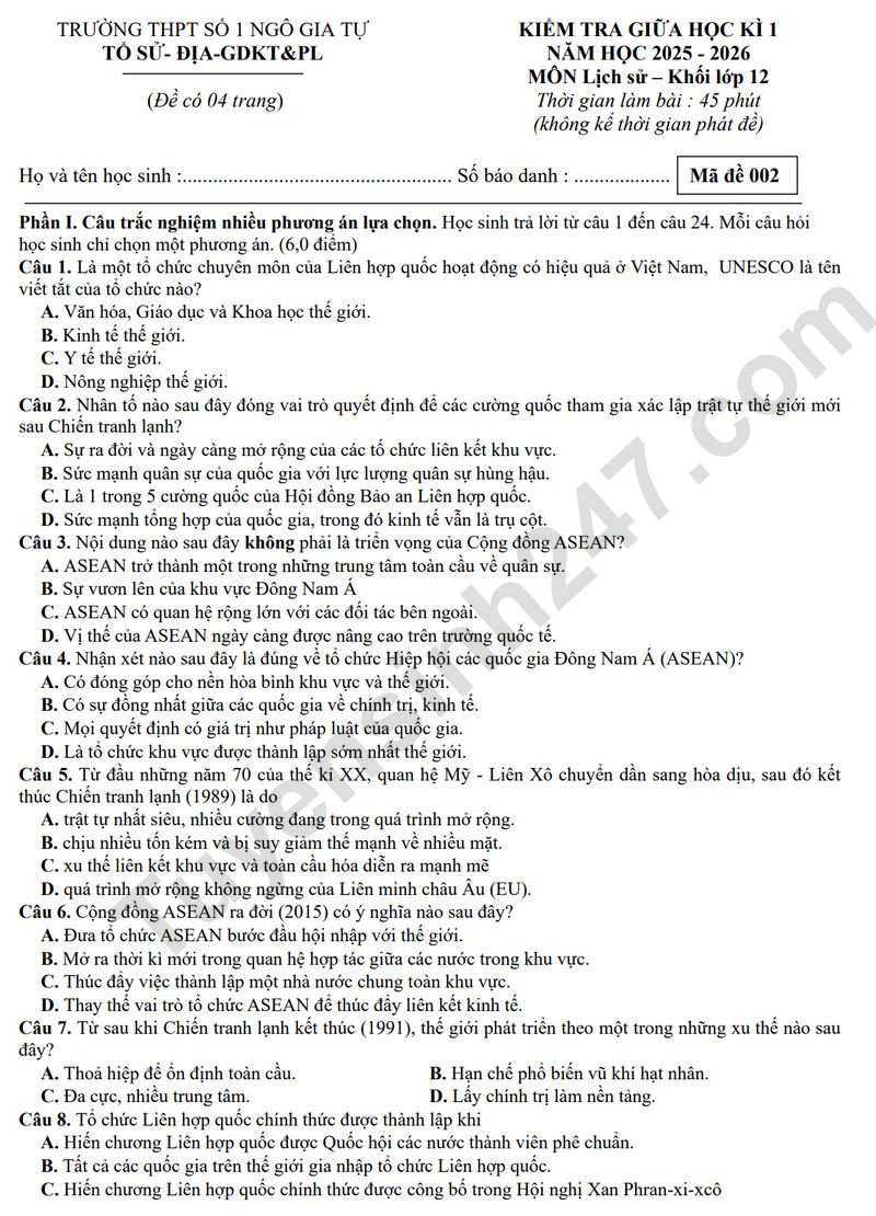 De thi giua hoc ki 1 lop 12 mon Toan 2025 - THPT so 1 Ngo Gia Tu