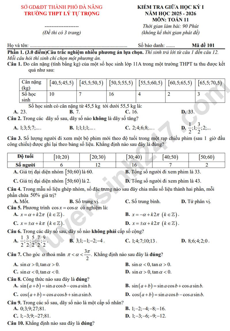 De giua ki 1 lop 11 mon Toan 2025 - THPT Ly Tu Trong