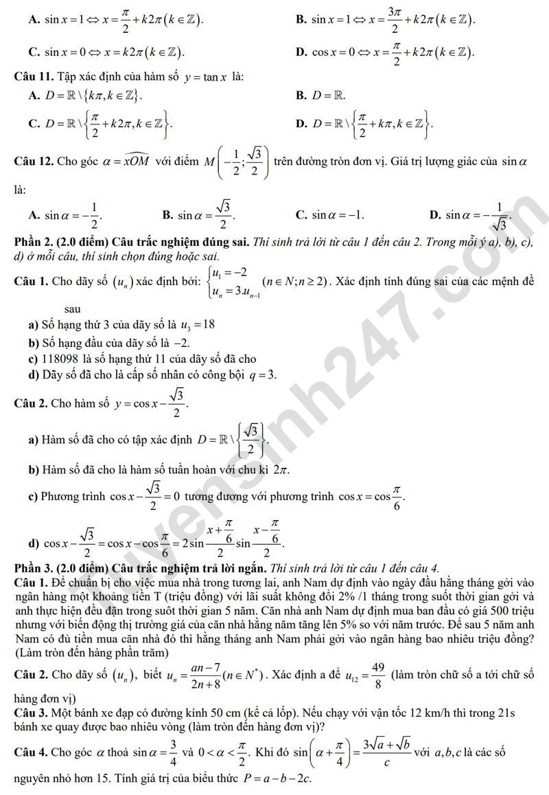 De giua ki 1 lop 11 mon Toan 2025 - THPT Ly Tu Trong
