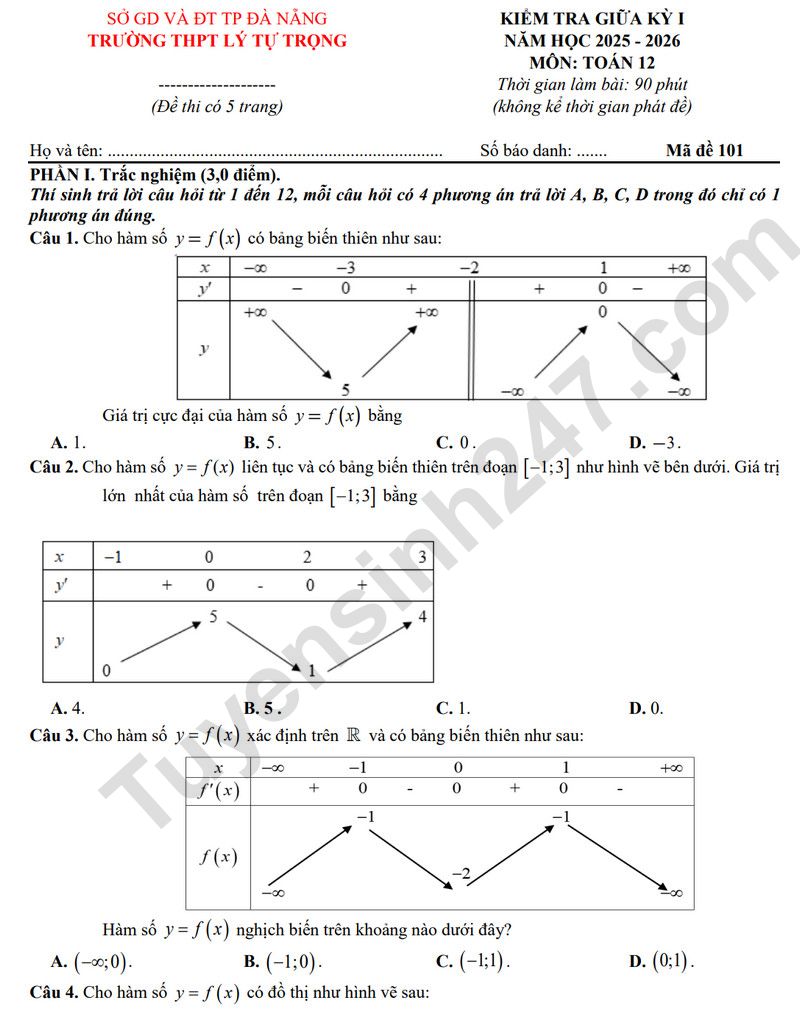De giua ki 1 lop 12 mon Toan 2025 - THPT Ly Tu Trong