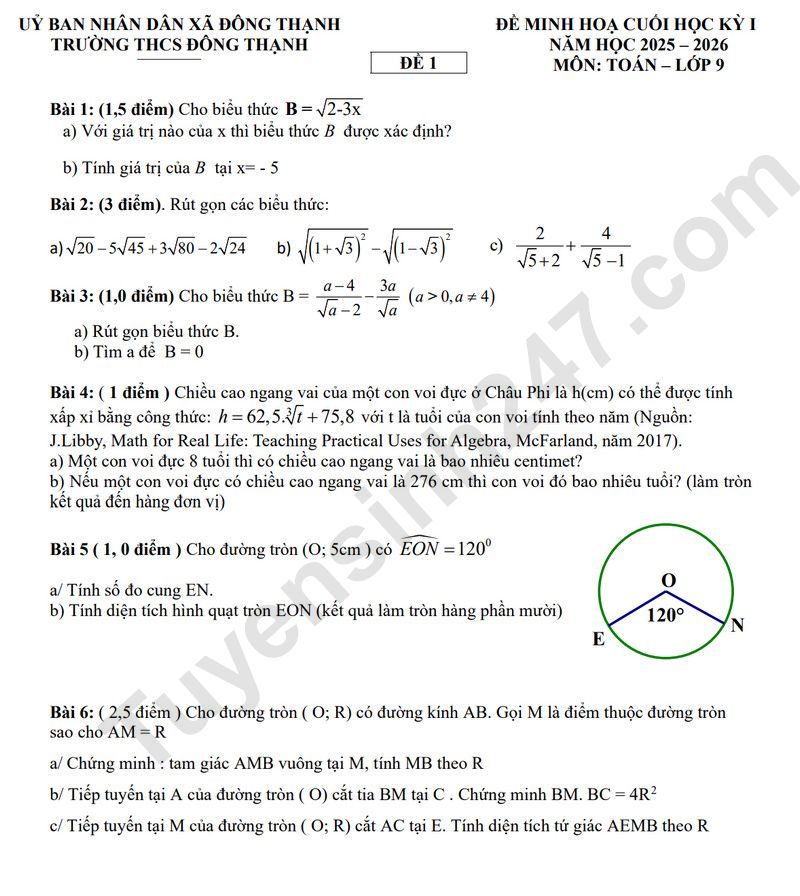 De thi hoc ki 1 lop 9 mon Toan 2025 - truong THCS Dong Thanh (Tham khao)