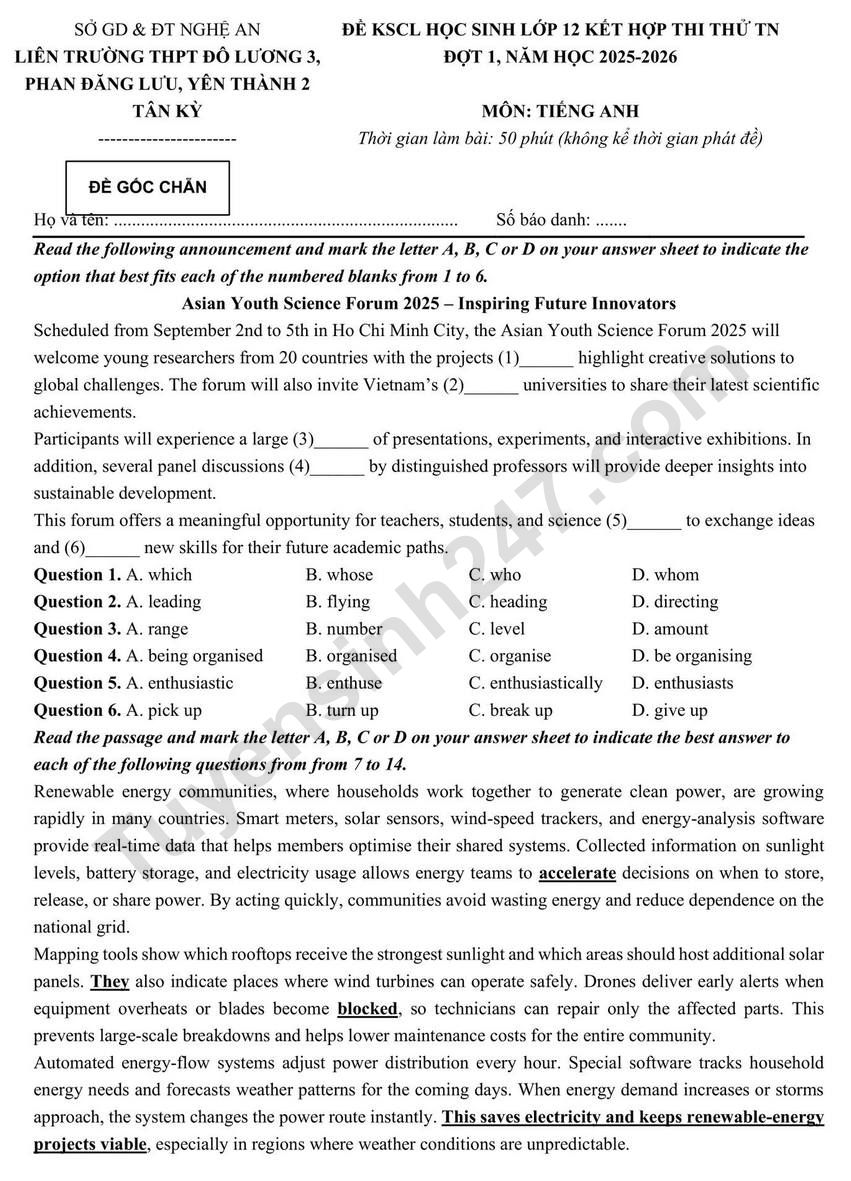 De thi thu mon Anh tot nghiep THPT 2026 - Lien truong Nghe An lan 1