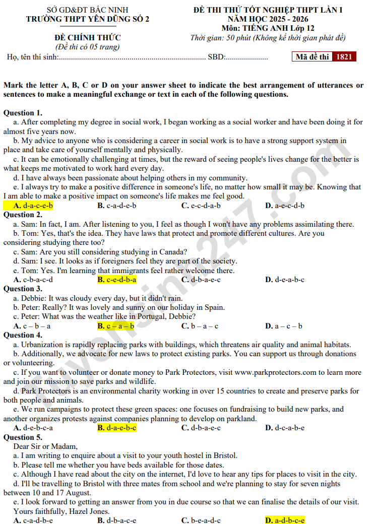 De thi thu tot nghiep THPT 2026 mon Anh - THPT Yen Dung so 2