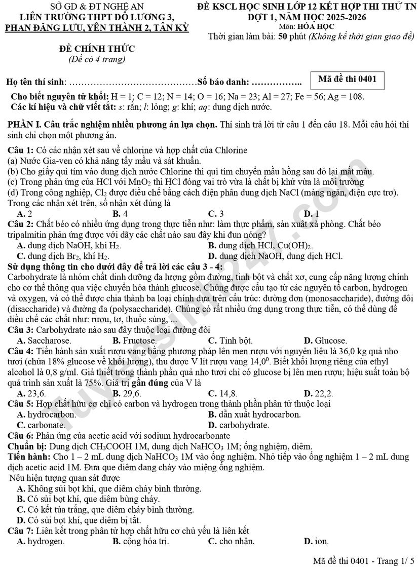 De thi thu tot nghiep THPT mon Hoa 2026 - Lien truong Nghe An (Lan 1)