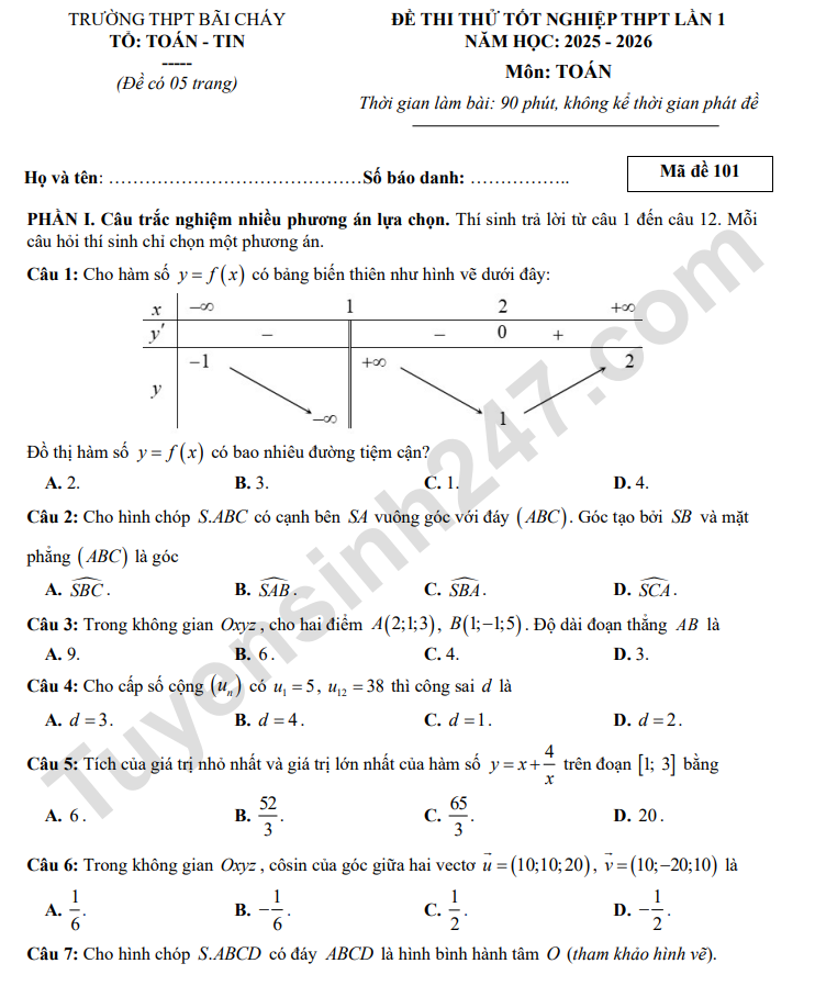 De thi thu mon Toan tot nghiep THPT 2026 - THPT Bai Chay lan 1