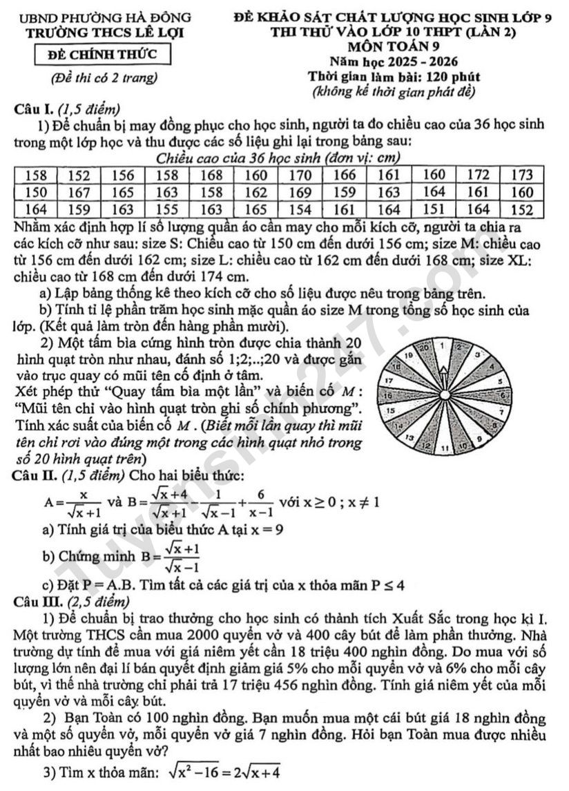 De thi thu vao lop 10 mon Toan 2026 - THCS Le Loi lan 2