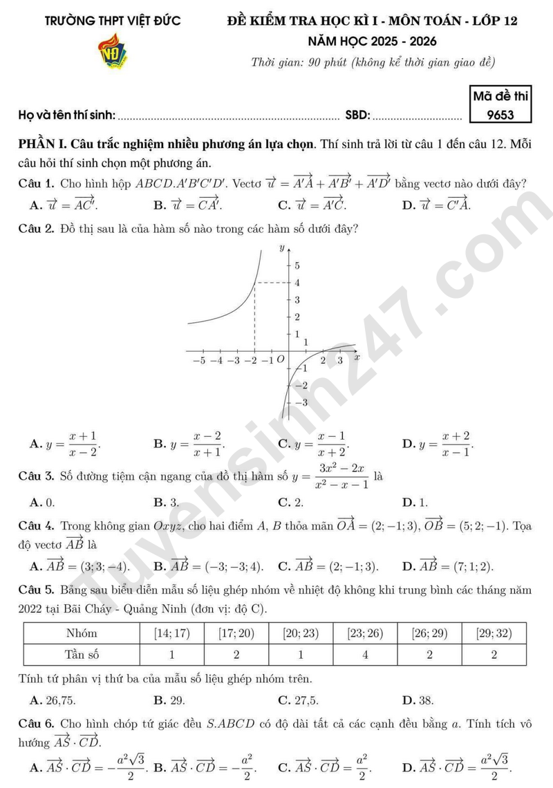 De thi hoc ki 1 mon Toan lop 12 nam 2025 - THPT Viet Duc