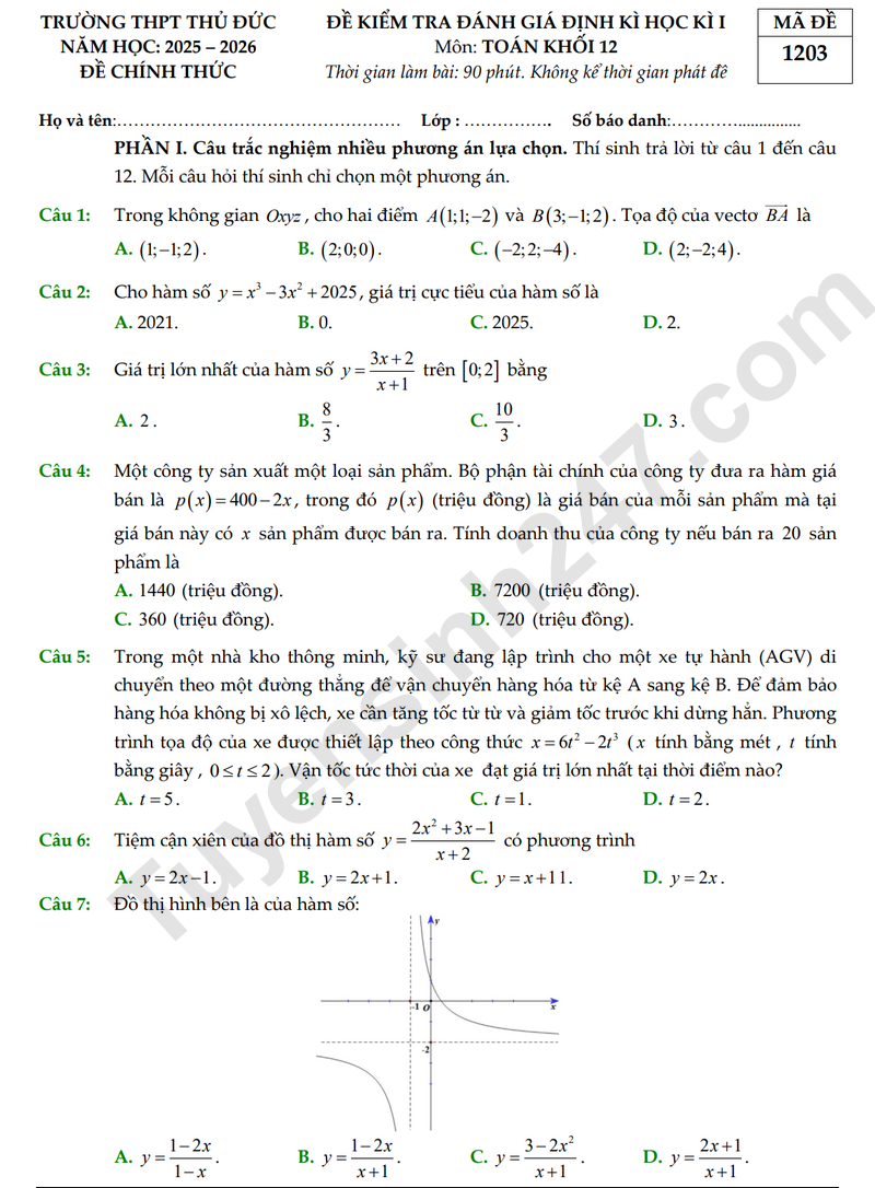 De thi hoc ki 1 mon Toan lop 12 nam 2025 - THPT Thu Duc