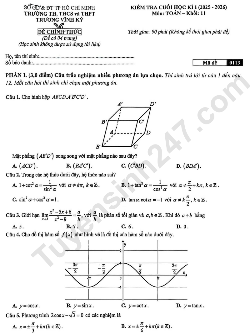 De thi hoc ki 1 mon Toan lop 11 nam 2025 - TH, THCS va THPT Truong Vinh Ky