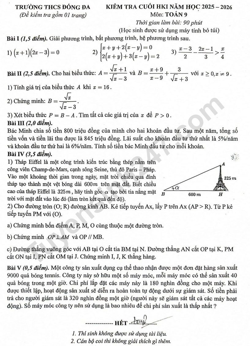 De thi HK 1 lop 9 mon Toan 2025 - THCS Dong Da