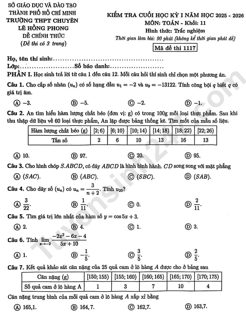 De thi hoc ki 1 mon Toan lop 11 nam 2025 - THPT Chuyen Le Hong Phong