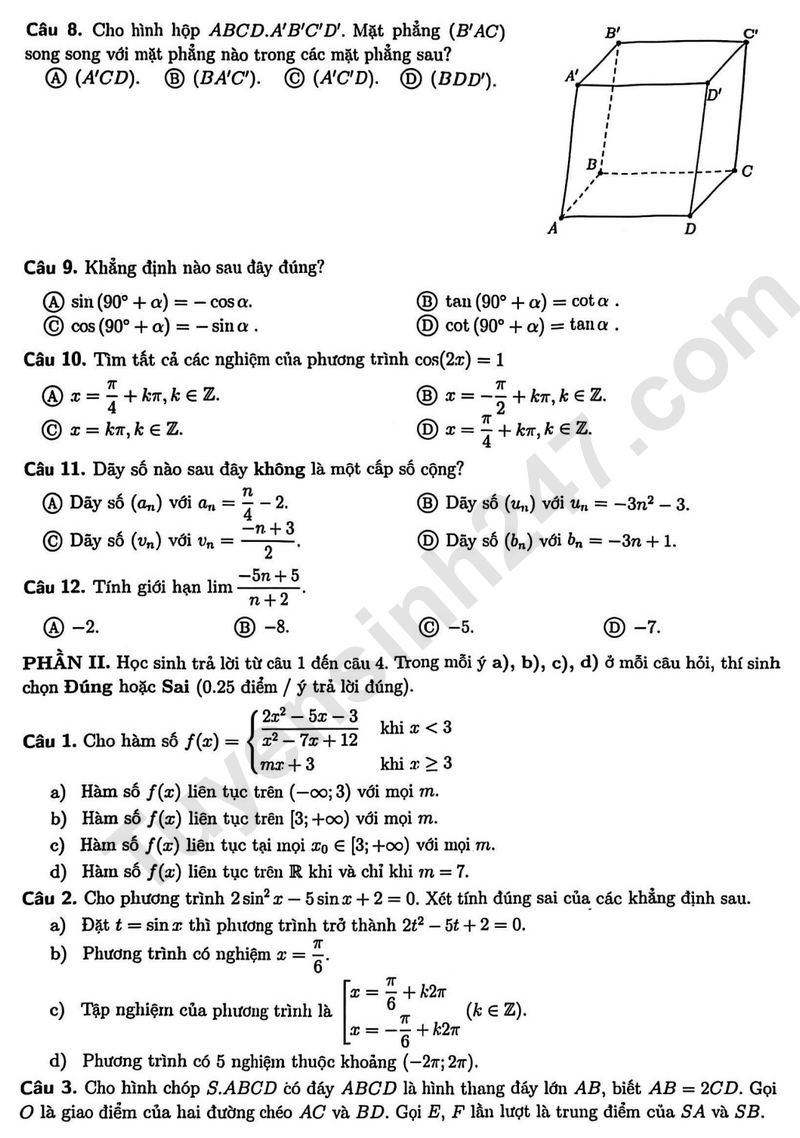 De thi hoc ki 1 mon Toan lop 11 nam 2025 - THPT Chuyen Le Hong Phong