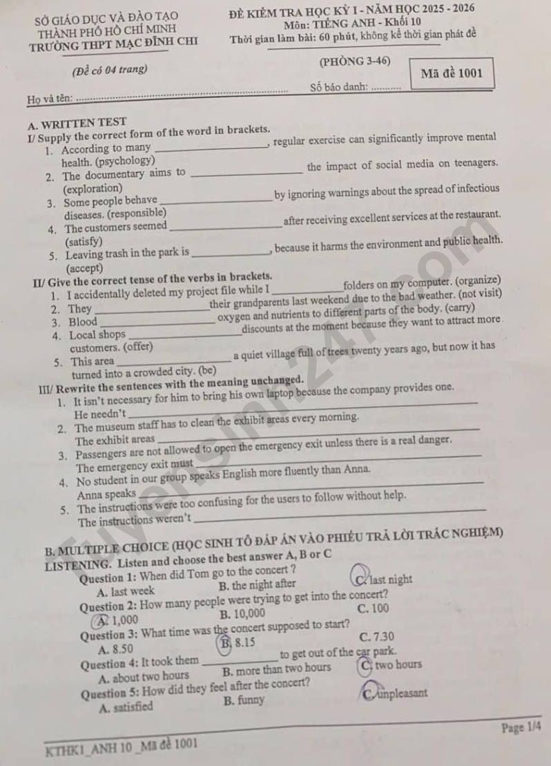 De thi hoc ki 1 lop 10 mon Anh 2025 - THPT Mac Dinh Chi
