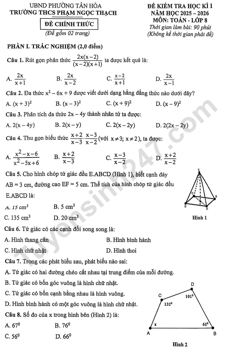 De thi ki 1 lop 8 mon Toan 2025 - THCS  Pham Ngoc Thach