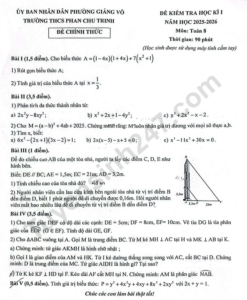 De thi ki 1 lop 8 mon Toan - THCS Phan Chu Trinh 2025