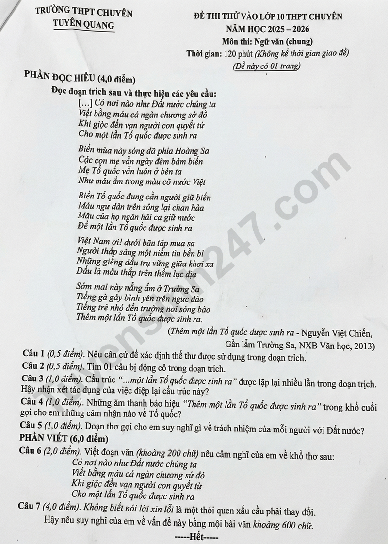 De thi thu vao lop 10 mon Van 2026 - THPT Chuyen Tuyen Quang