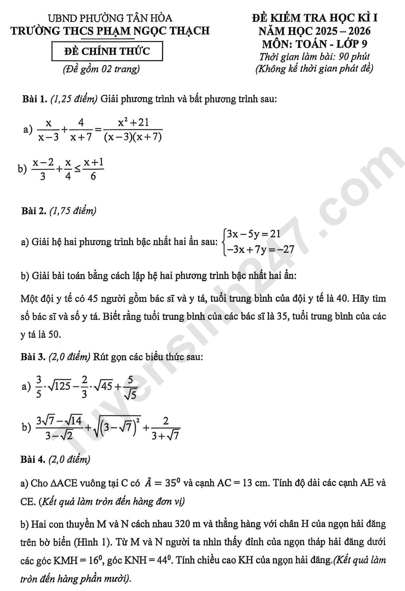 De thi ki 1 lop 9 mon Toan 2025 - THCS Pham Ngoc Thach